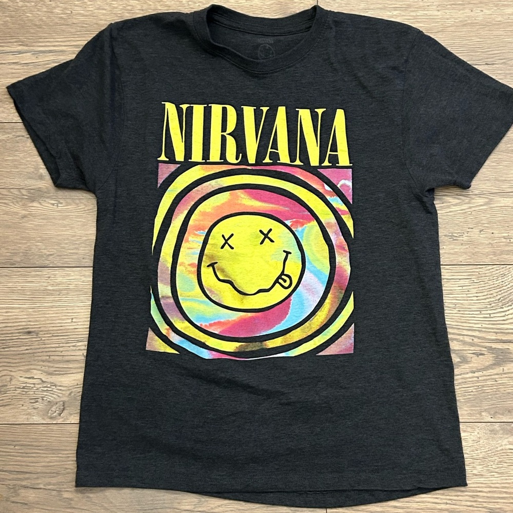 NIRVANA Tee - Dark Gray with Yellow and Multicolor Design